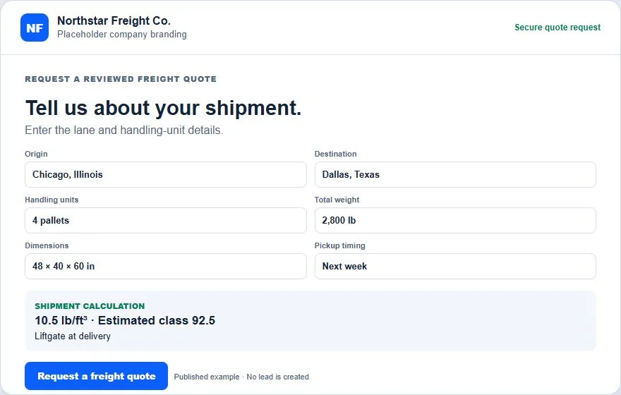 Published FreightTotals quote form on an example freight company website with Chicago to Dallas shipment details